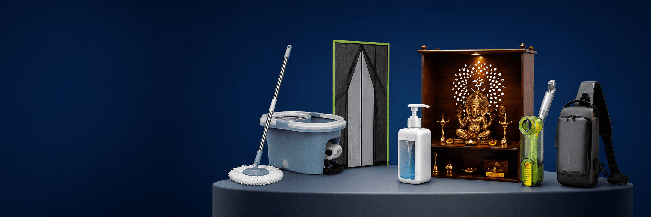 A4ARRIYAN spin mop bucket, magnetic mesh door, wooden mandir, soap dispenser, green handheld gadget and black backpack
